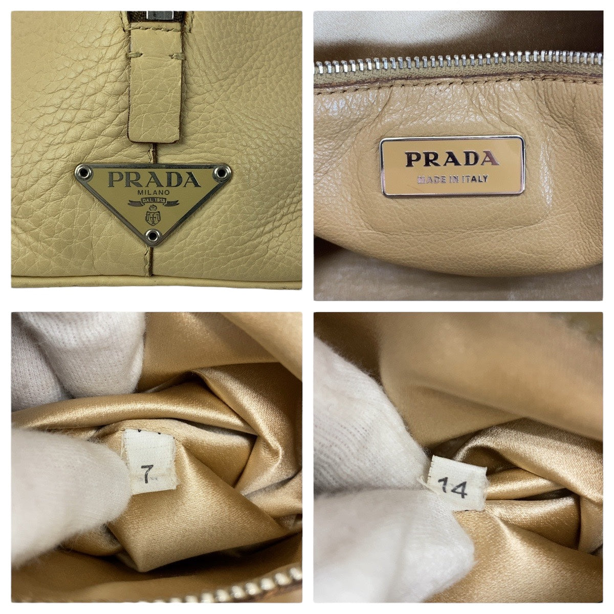 20761
PRADA プラダ サフィアーノ 三角ロゴプレート ベージュ シルバー金具 レザー ハンドバッグ ショルダーバッグ レディース ABP40
