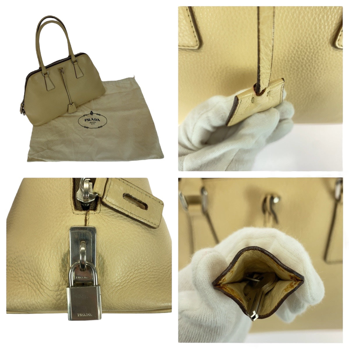 20761
PRADA プラダ サフィアーノ 三角ロゴプレート ベージュ シルバー金具 レザー ハンドバッグ ショルダーバッグ レディース ABP40