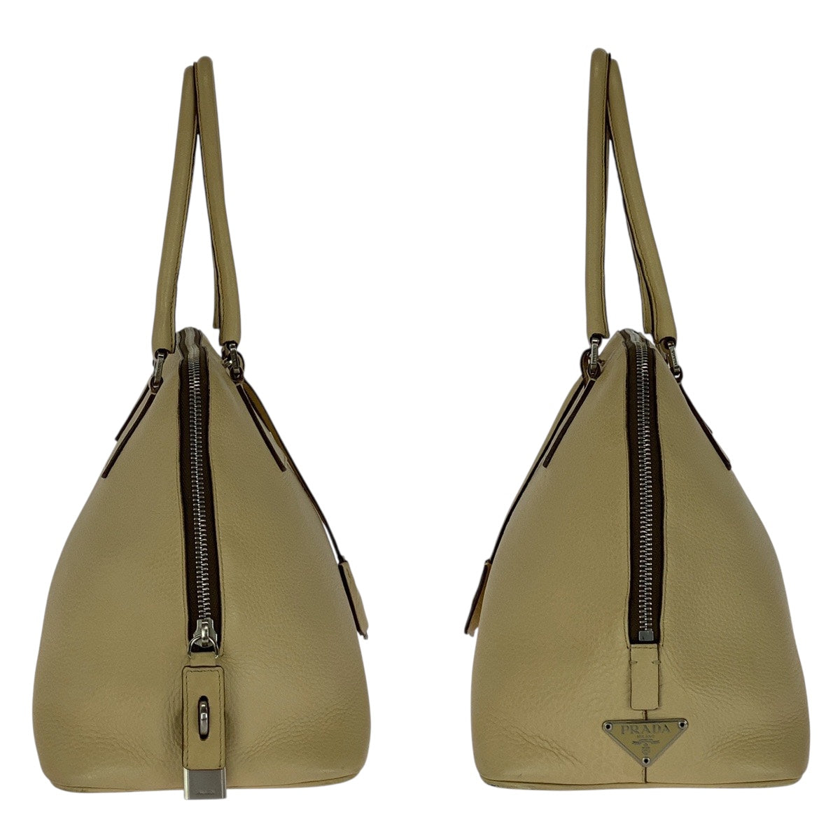 20761
PRADA プラダ サフィアーノ 三角ロゴプレート ベージュ シルバー金具 レザー ハンドバッグ ショルダーバッグ レディース ABP40