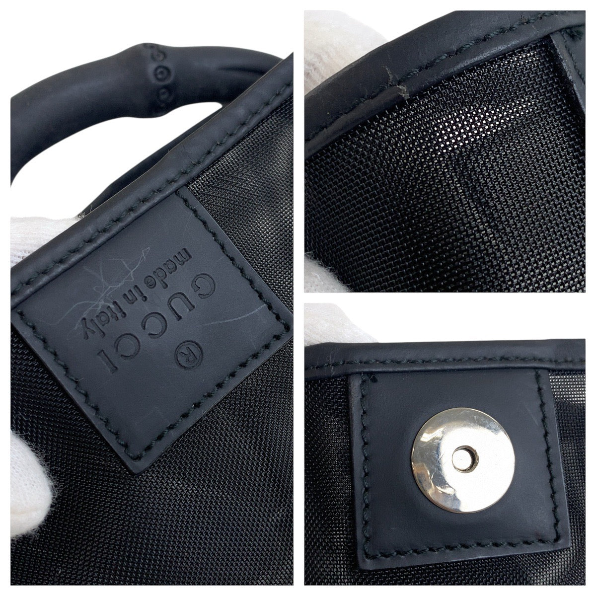 20766
GUCCI グッチ バンブー メッシュ ブラック 黒 シルバー金具 ナイロン / レザー 001.5577 トートバッグ ハンドバッグ レディース ABP28