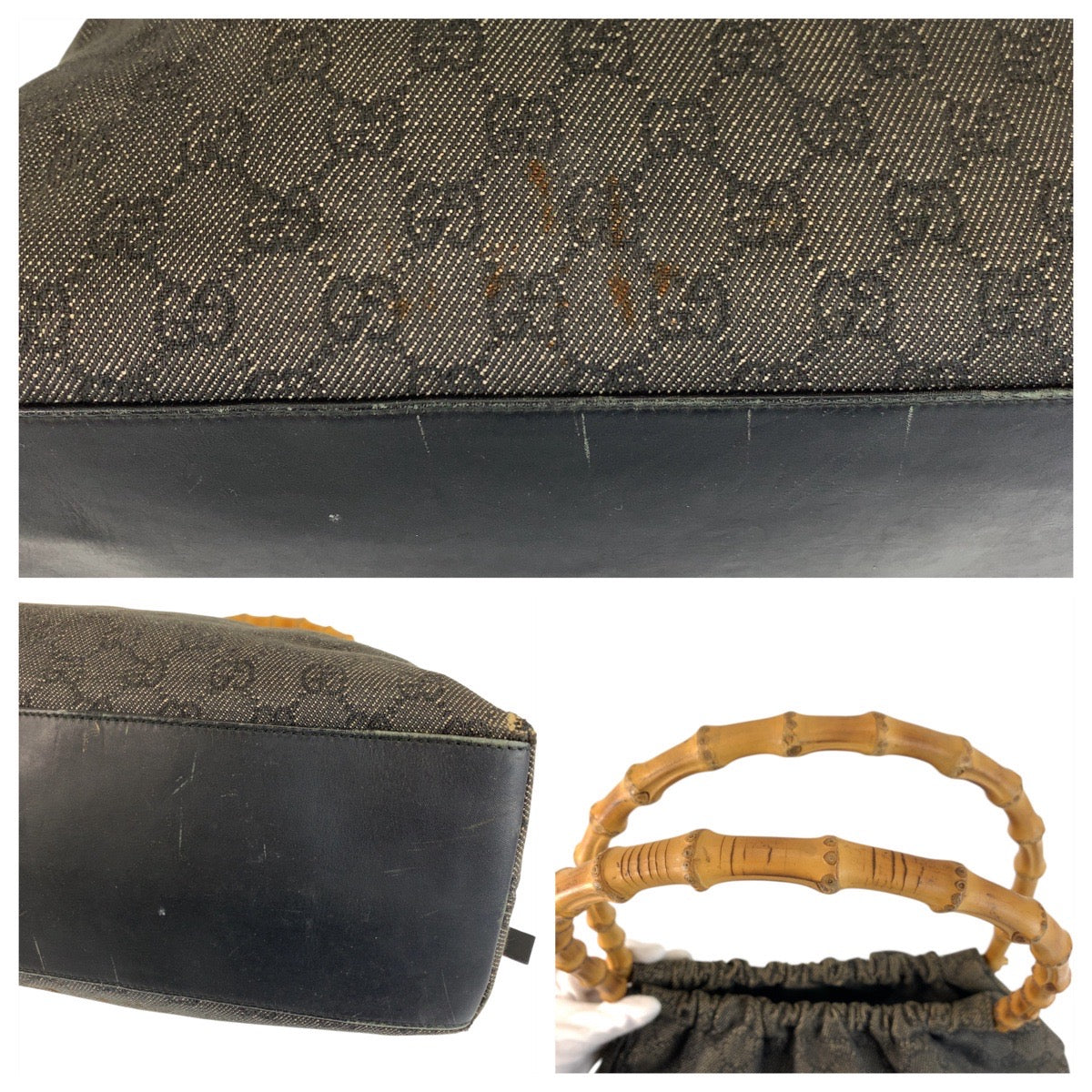 20774
GUCCI Bamboo Black Gold Hardware GG Canvas 92708 Handbag Women's AB22