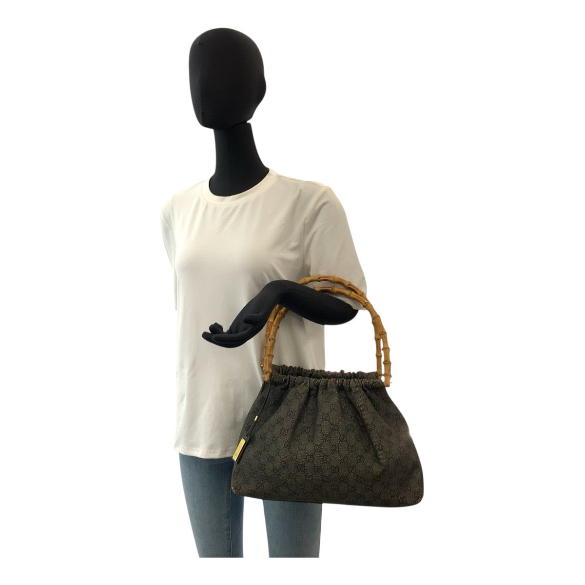 20774
GUCCI Bamboo Black Gold Hardware GG Canvas 92708 Handbag Women's AB22
