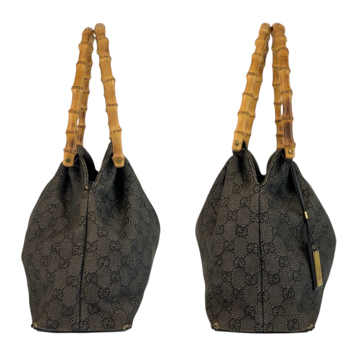 20774
GUCCI Bamboo Black Gold Hardware GG Canvas 92708 Handbag Women's AB22