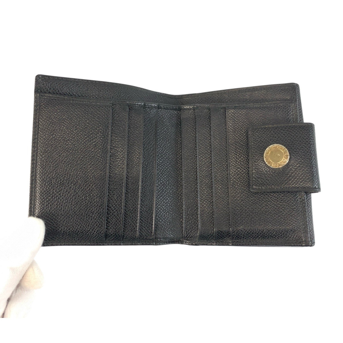 20790
BVLGARI ブルガリ ブラック 黒 シルバー金具 レザー 折財布 コンパクトウォレット レディース AB9