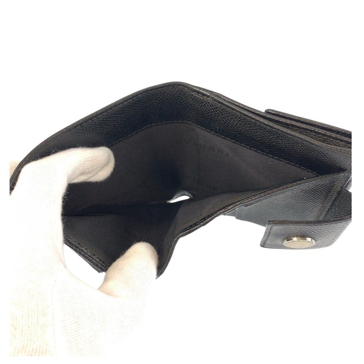 20790
BVLGARI ブルガリ ブラック 黒 シルバー金具 レザー 折財布 コンパクトウォレット レディース AB9