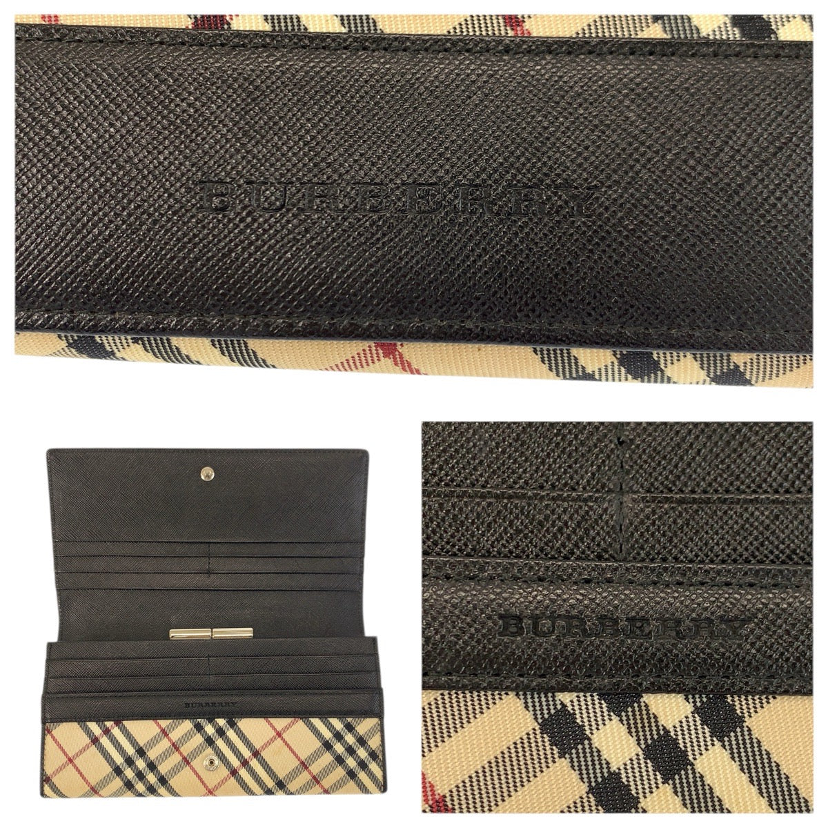 20793
BURBERRY バーバリー チェック柄 ベージュ ブラック キャンバス / レザー 長財布 ロングウォレット レディース AB9