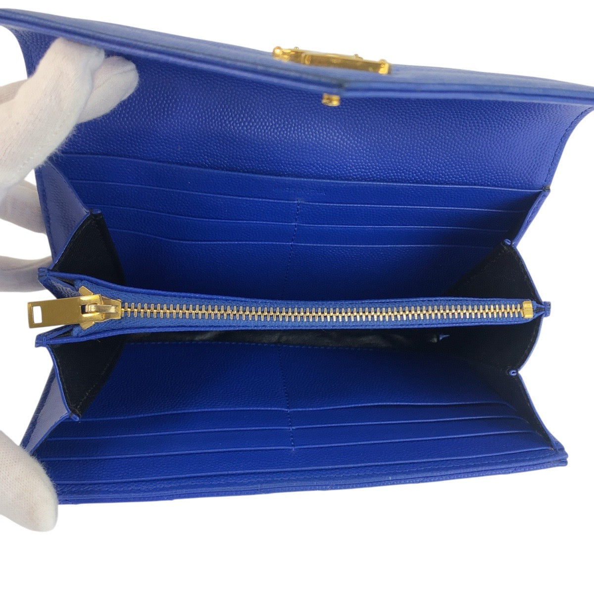 20795
SAINT LAURENT PARIS サンローランパリ YSL ラップウォレット カサンドラ Vステッチ ブルー ゴールド金具 レザー CER3722640116 長財布 ロングウォレット レディース AB