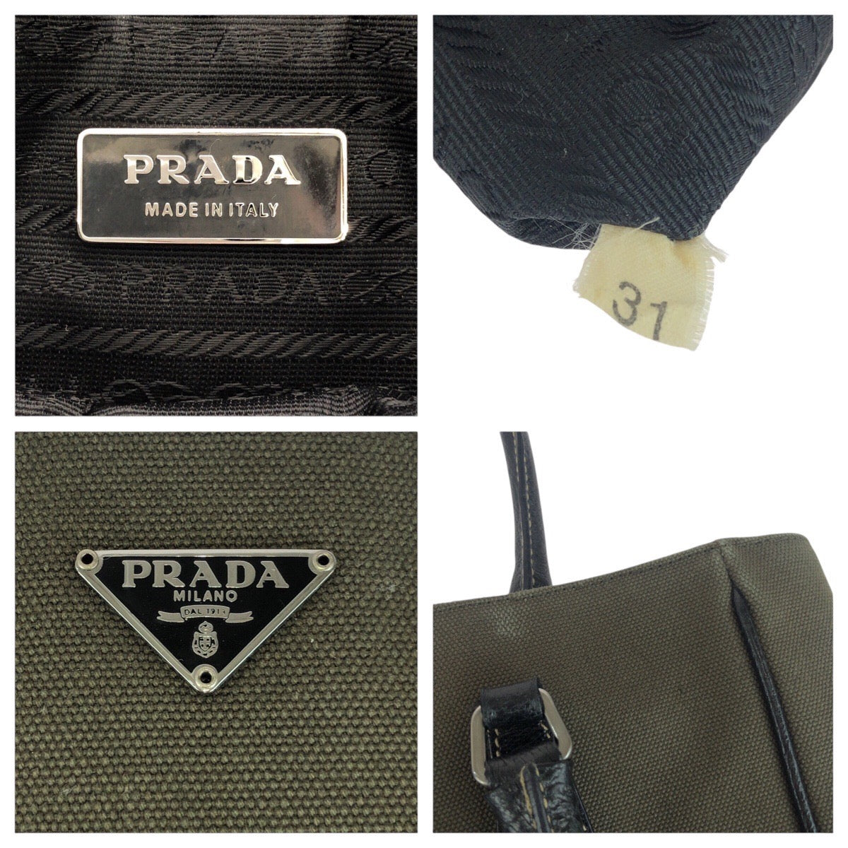 20809
PRADA プラダ 三角ロゴプレート カーキ ブラック シルバー金具 キャンバス / レザー トートバッグ ハンドバッグ レディース ABP28