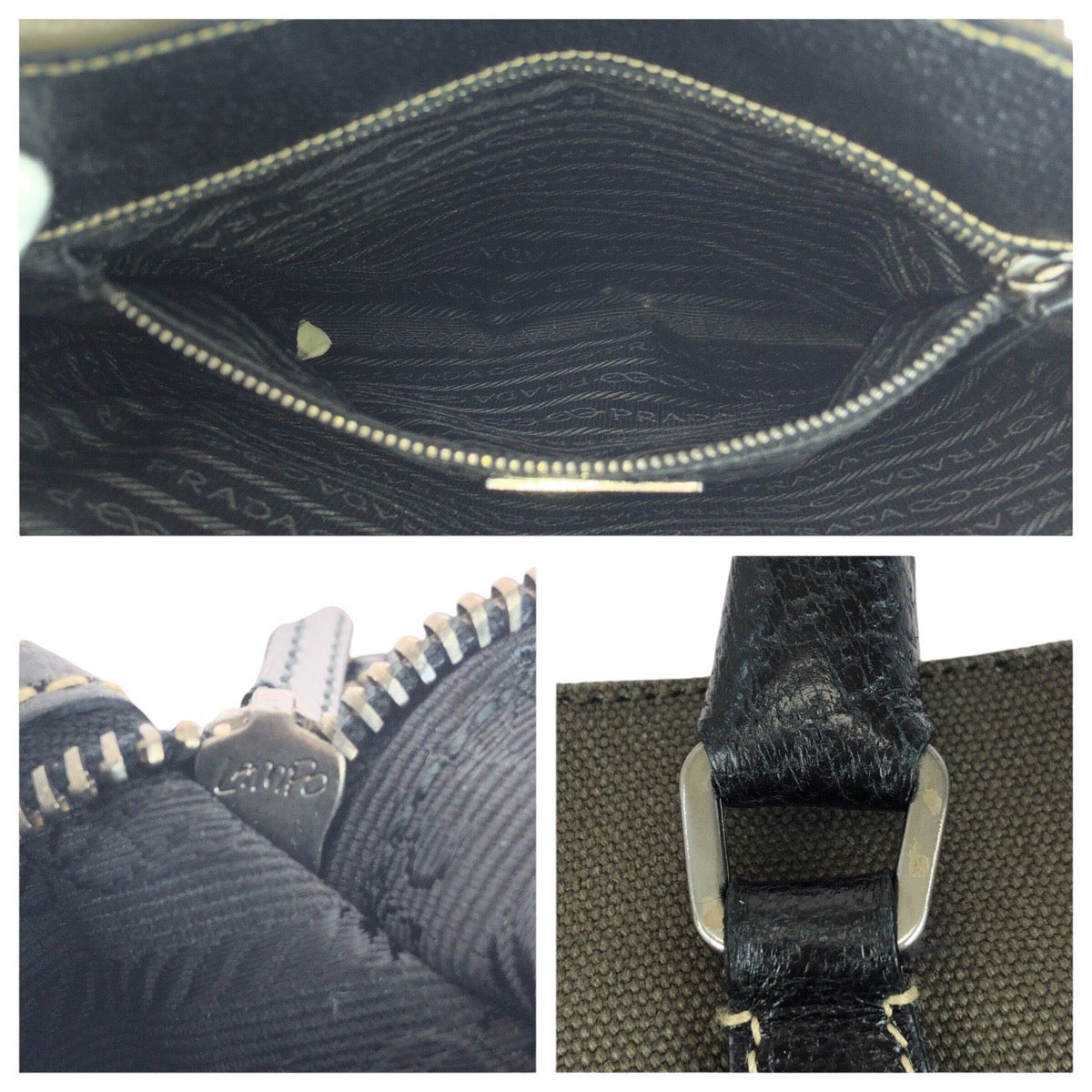 20809
PRADA プラダ 三角ロゴプレート カーキ ブラック シルバー金具 キャンバス / レザー トートバッグ ハンドバッグ レディース ABP28