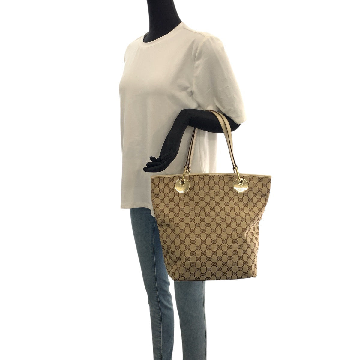 20815
GUCCI グッチ ベージュ ブラウン ゴールド金具 GGキャンバス / レザー 120836 トートバッグ ショルダーバッグ レディース AB30