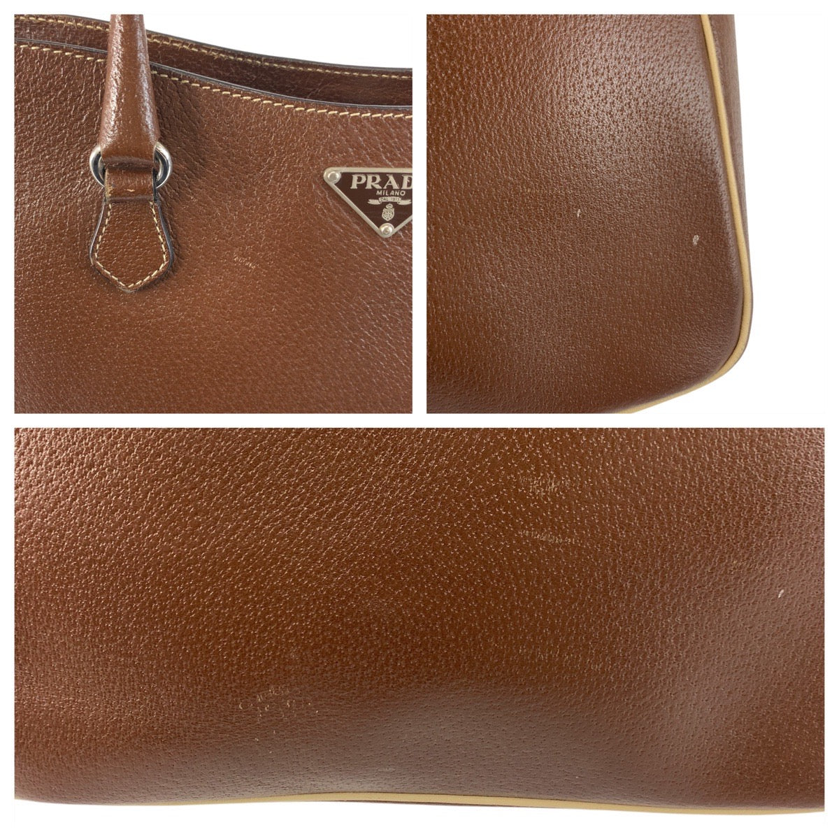 20858
PRADA プラダ 三角ロゴプレート ブラウン シルバー金具 レザー トートバッグ ハンドバッグ レディース AB30