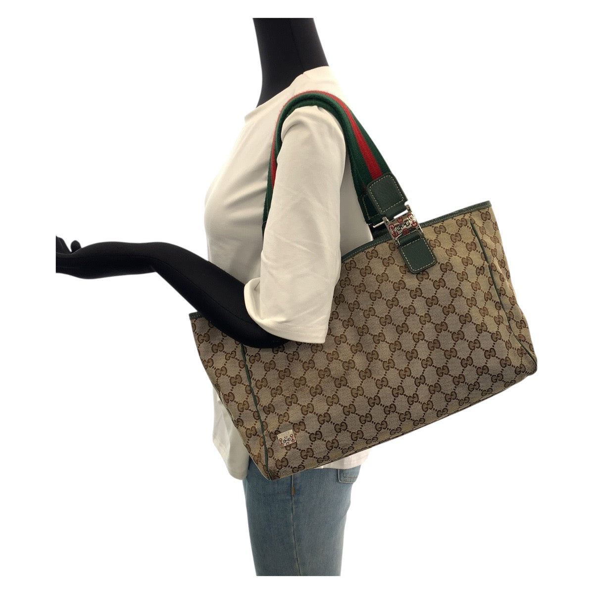 20870
GUCCI グッチ シェリーライン ベージュ グリーン シルバー金具 GGキャンバス / レザー 145758 トートバッグ ショルダーバッグ レディース AB21