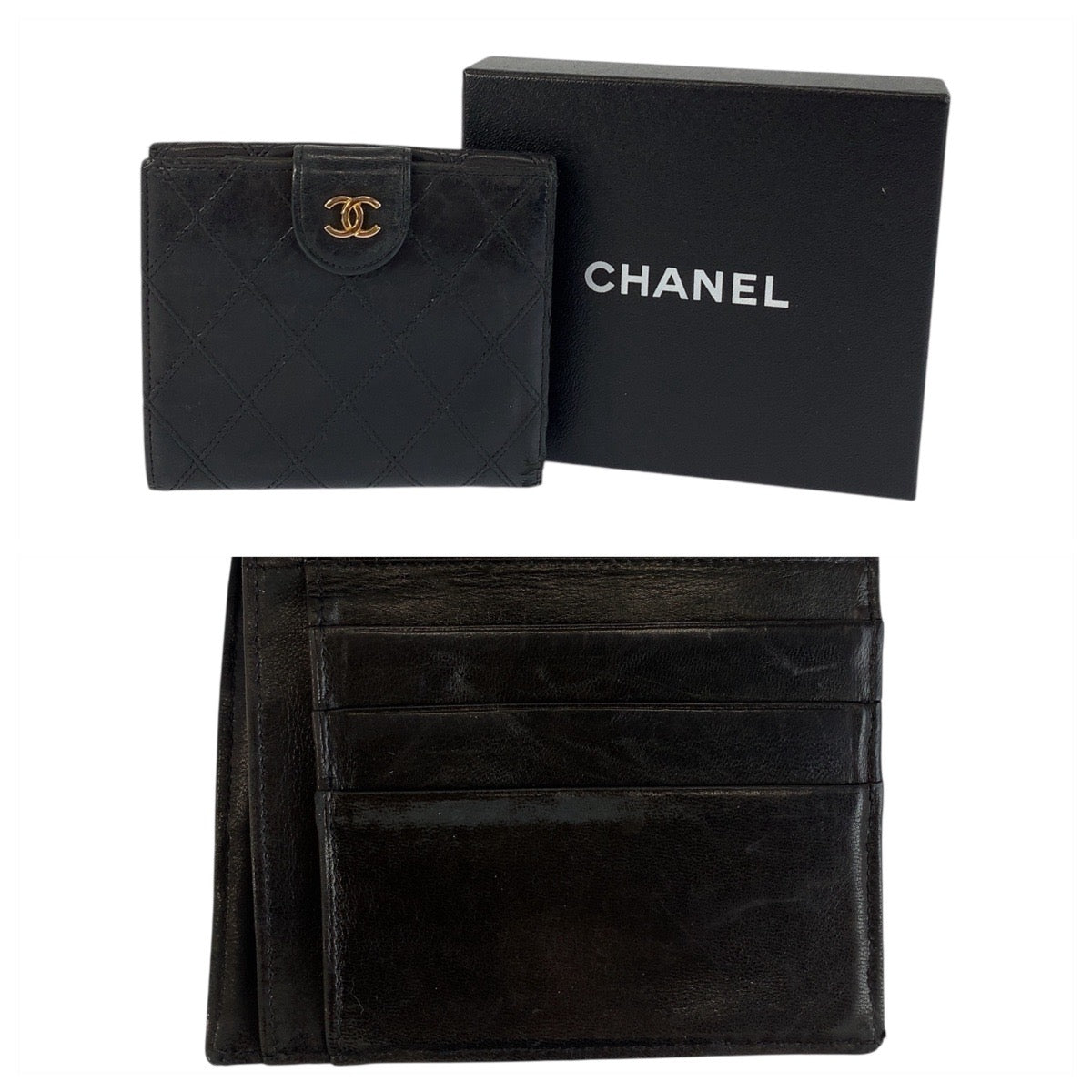 20875
CHANEL シャネル ビコローレ ココマーク ブラック 黒 ゴールド金具 ラムスキン 折財布 コンパクトウォレット レディース AB16
