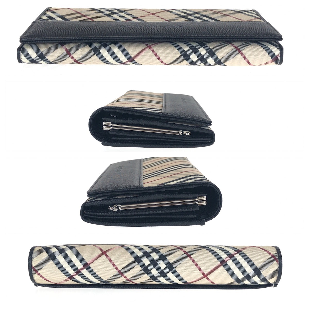 20919
BURBERRY バーバリー チェック柄 ベージュ ブラック シルバー金具 キャンバス / レザー 長財布 ロングウォレット レディース A21