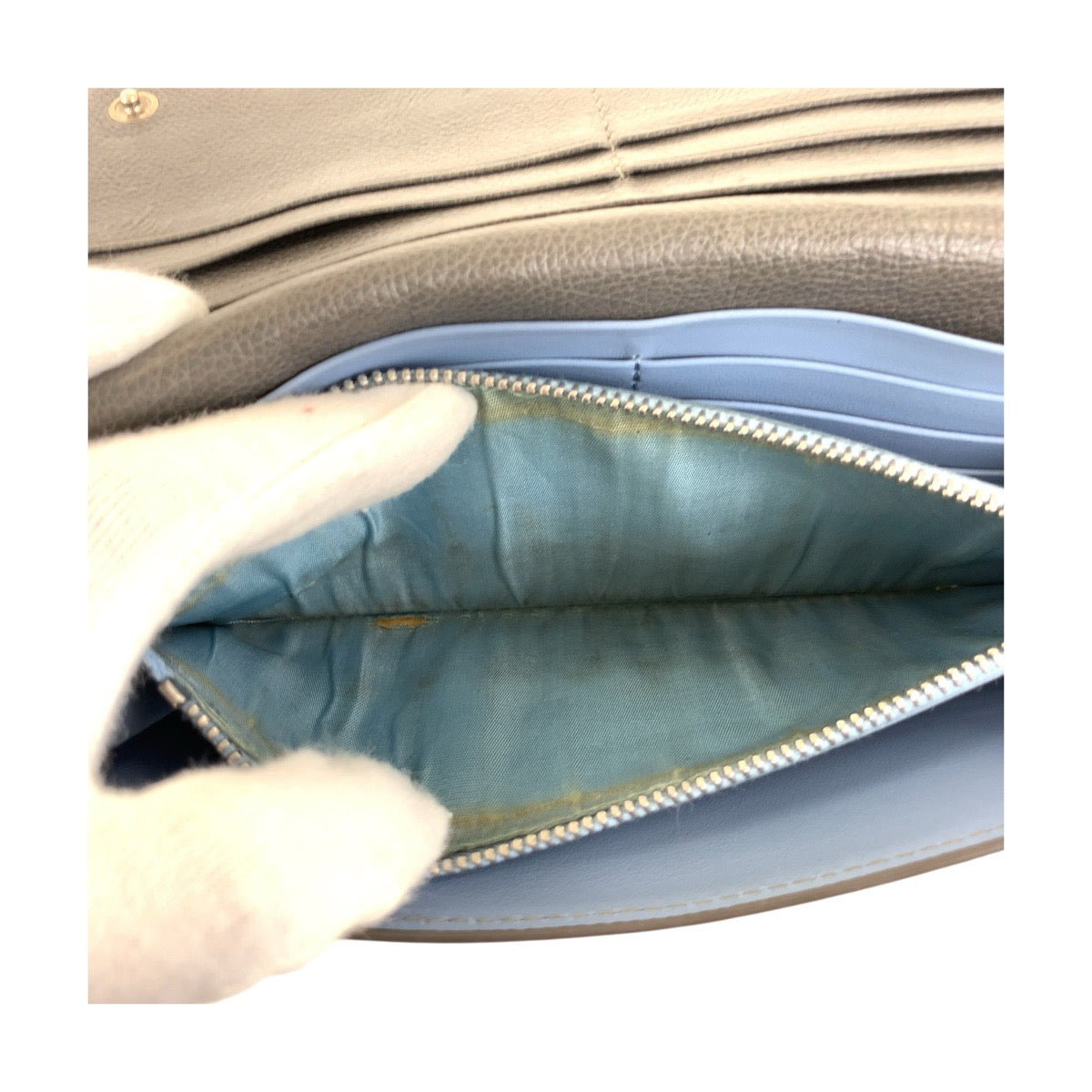 20921
PRADA プラダ グレー ライトブルーシルバー金具 レザー 長財布 ロングウォレット メンズ AB14