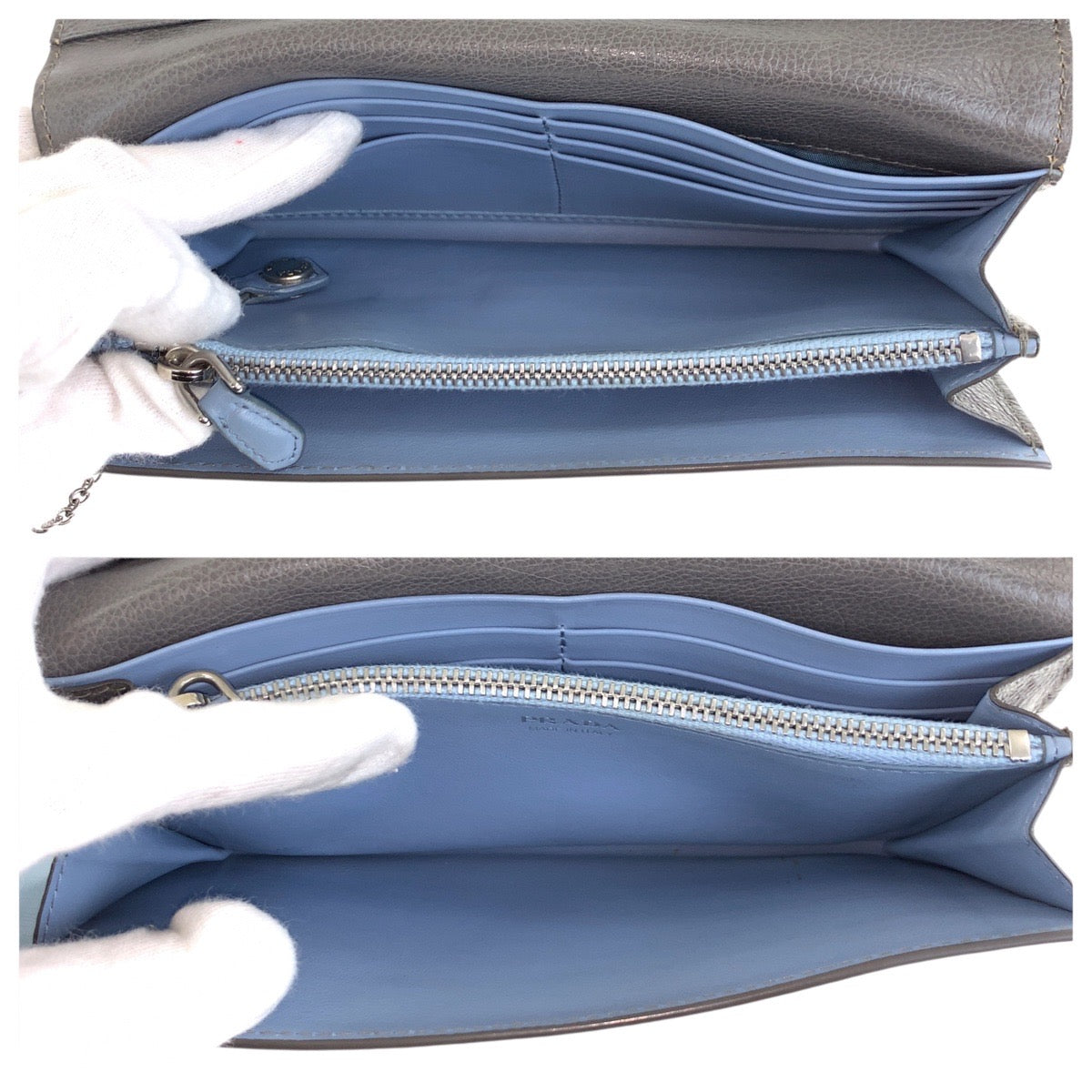 20921
PRADA プラダ グレー ライトブルーシルバー金具 レザー 長財布 ロングウォレット メンズ AB14