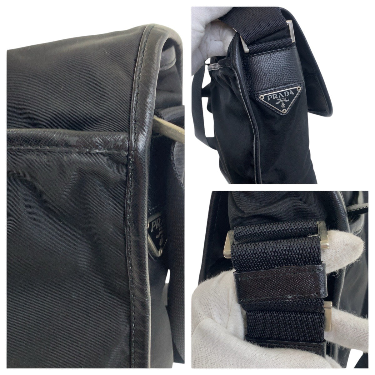 20930
PRADA プラダ テスート サフィアーノ 三角ロゴプレート ブラック 黒 シルバー金具 ナイロン / レザー ショルダーバッグ ポシェット レディース A42