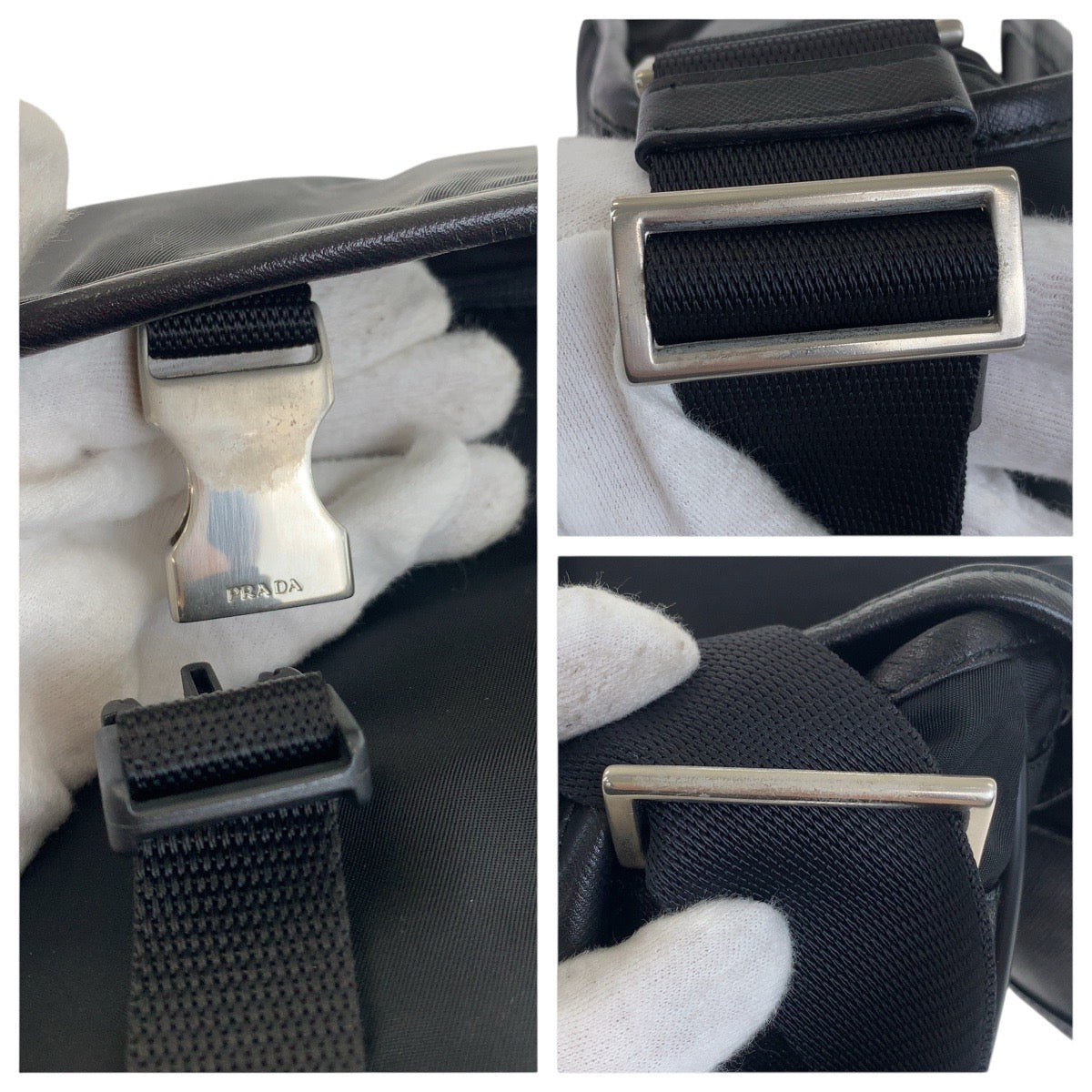 20930
PRADA プラダ テスート サフィアーノ 三角ロゴプレート ブラック 黒 シルバー金具 ナイロン / レザー ショルダーバッグ ポシェット レディース A42