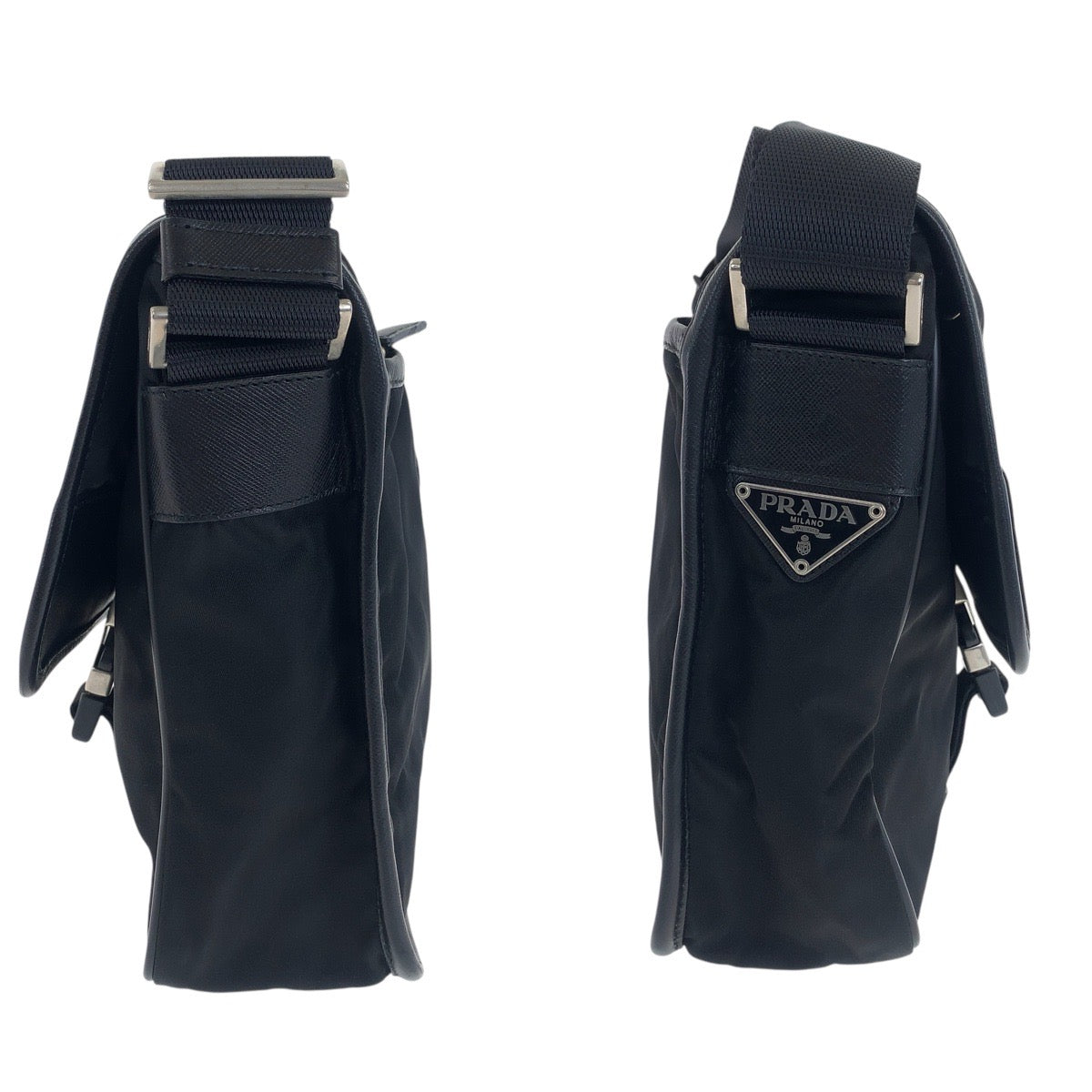 20930
PRADA プラダ テスート サフィアーノ 三角ロゴプレート ブラック 黒 シルバー金具 ナイロン / レザー ショルダーバッグ ポシェット レディース A42