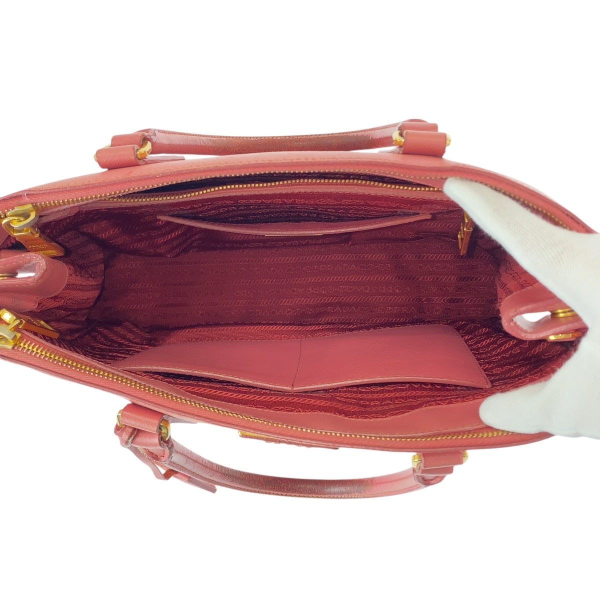 20950
PRADA プラダ ガレリア サフィアーノ 三角ロゴプレート ピンク ゴールド金具 レザー トートバッグ ハンドバッグ レディース AB35