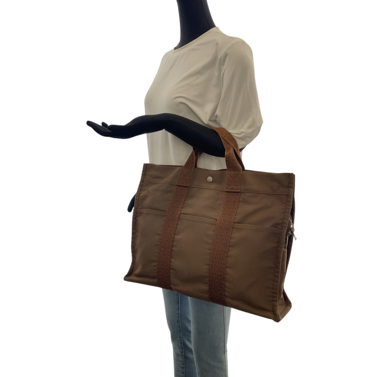 20961
HERMES エルメス エールラインMM ブラウン シルバー金具 キャンバス トートバッグ ハンドバッグ レディース AB14