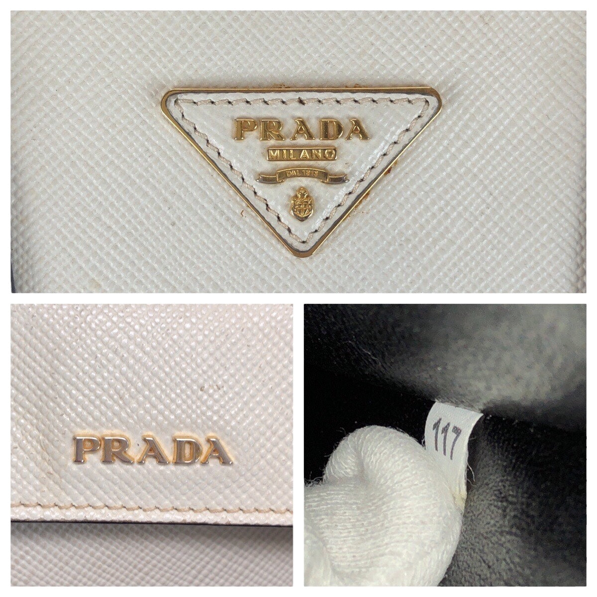 20981
PRADA プラダ サフィアーノ 三角ロゴプレート ホワイト ゴールド金具 レザー トートバッグ ハンドバッグ レディース AB42