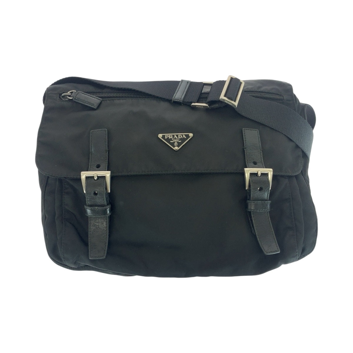 21001
PRADA プラダ テスート 三角ロゴプレート ブラック 黒 シルバー金具 ナイロン / レザー ショルダーバッグ メッセンジャーバッグ レディース ABP30