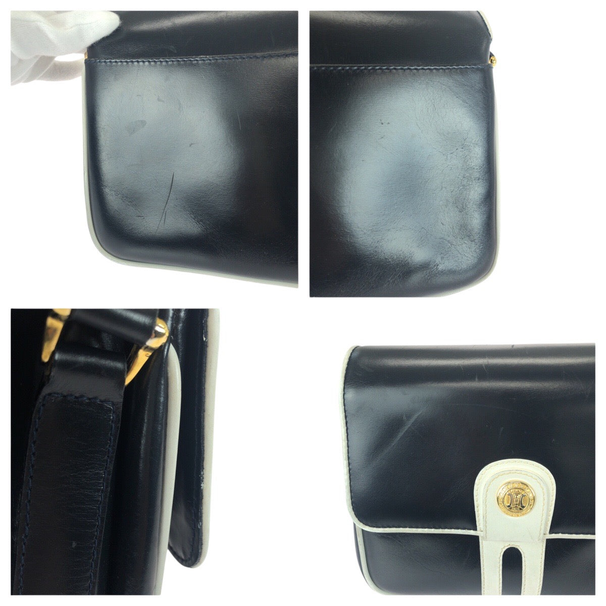 21013
CELINE セリーヌ ヴィンテージ ネイビー ホワイト ゴールド金具 レザー M08 ショルダーバッグ ポシェット レディース ABP35