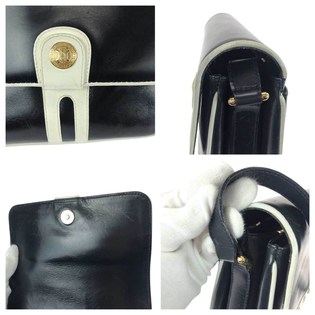 21013
CELINE セリーヌ ヴィンテージ ネイビー ホワイト ゴールド金具 レザー M08 ショルダーバッグ ポシェット レディース ABP35