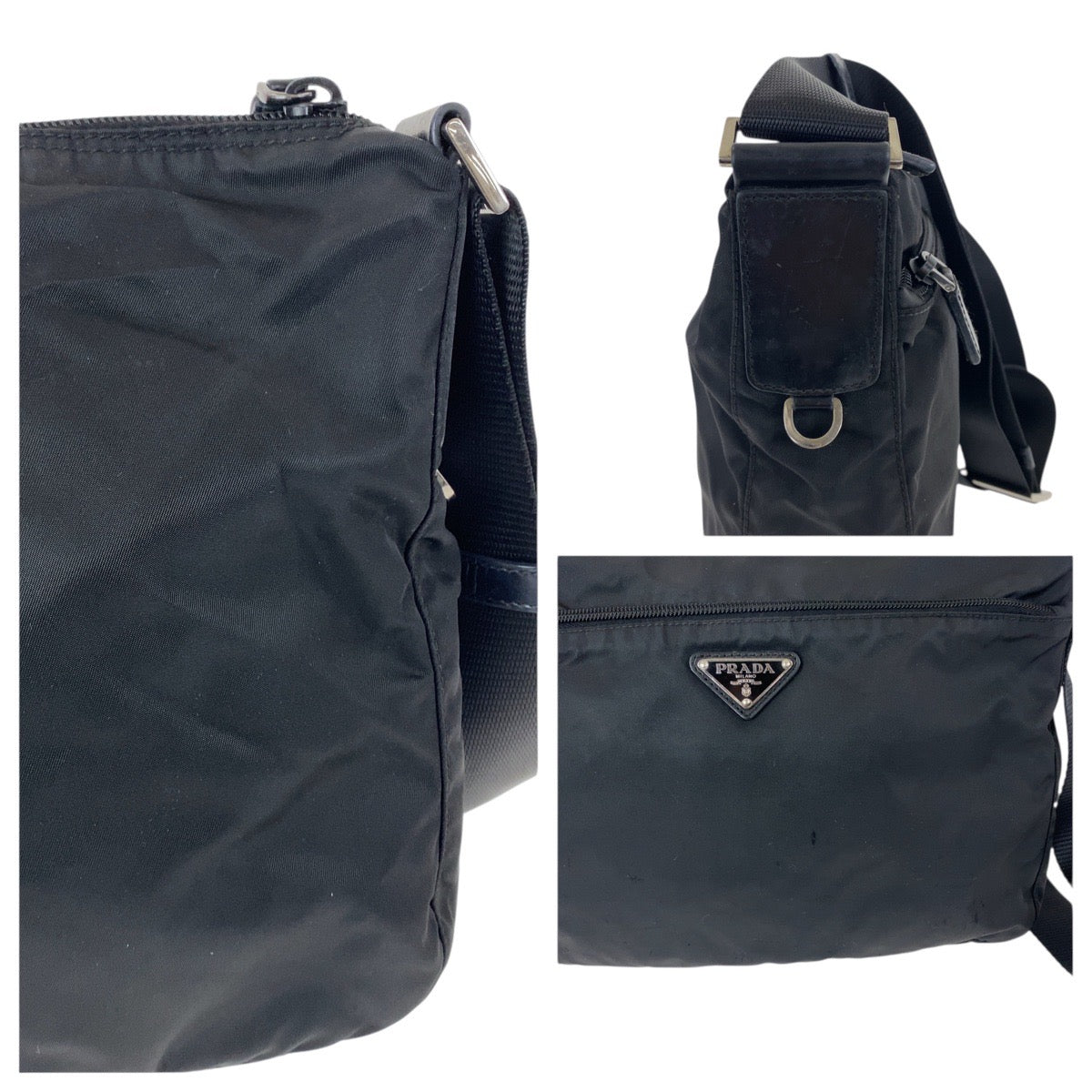 21016
PRADA プラダ テスート 三角ロゴプレート ブラック 黒 シルバー金具 ナイロン / レザー ショルダーバッグ ポシェット レディース AB26