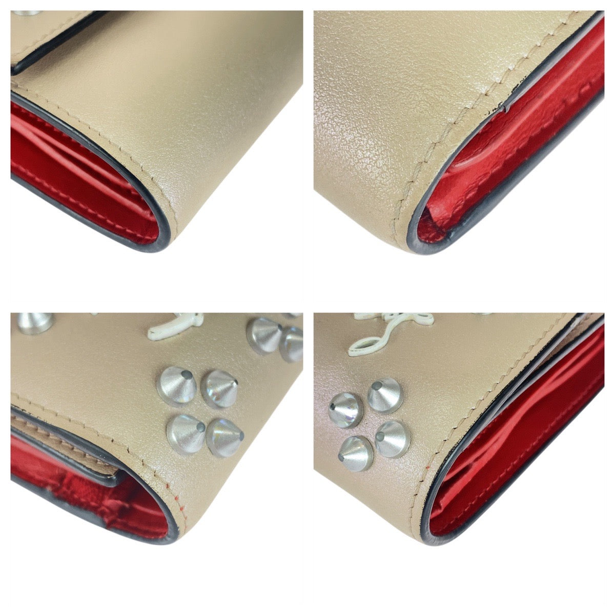 21018
Christian Louboutin クリスチャンルブタン スタッズ ルビフォールドウォレット ベージュ シャンパン シルバー金具 レザー 折り財布 コンパクトウォレット レディース ABP26