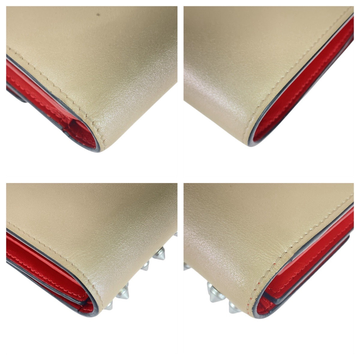 21018
Christian Louboutin クリスチャンルブタン スタッズ ルビフォールドウォレット ベージュ シャンパン シルバー金具 レザー 折り財布 コンパクトウォレット レディース ABP26