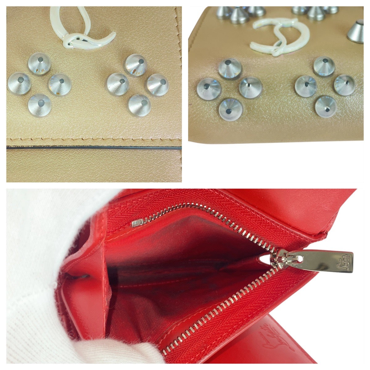 21018
Christian Louboutin クリスチャンルブタン スタッズ ルビフォールドウォレット ベージュ シャンパン シルバー金具 レザー 折り財布 コンパクトウォレット レディース ABP26