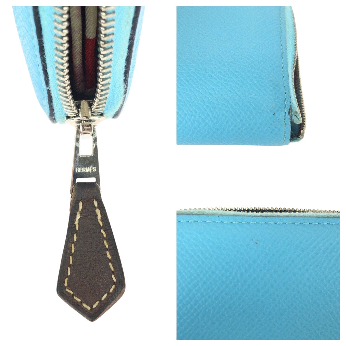 21019
HERMES エルメス アザップ コンパクト シルクイン ブルー シルバー金具 レザー / シルク 折財布 コインケース 小銭入れ D刻印 レディース AB38