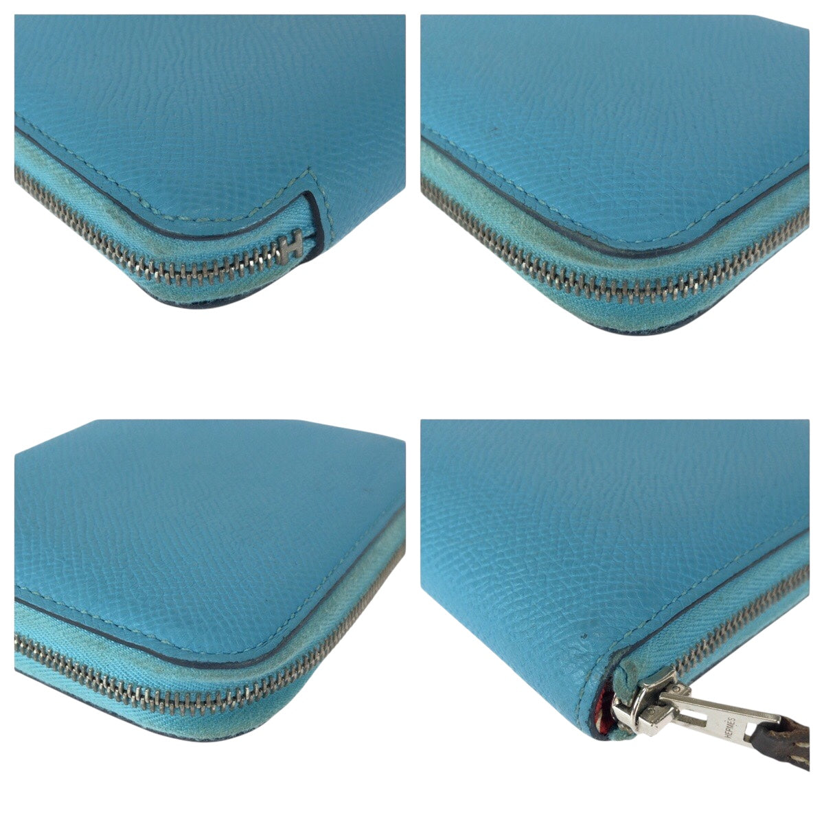 21019
HERMES エルメス アザップ コンパクト シルクイン ブルー シルバー金具 レザー / シルク 折財布 コインケース 小銭入れ D刻印 レディース AB38