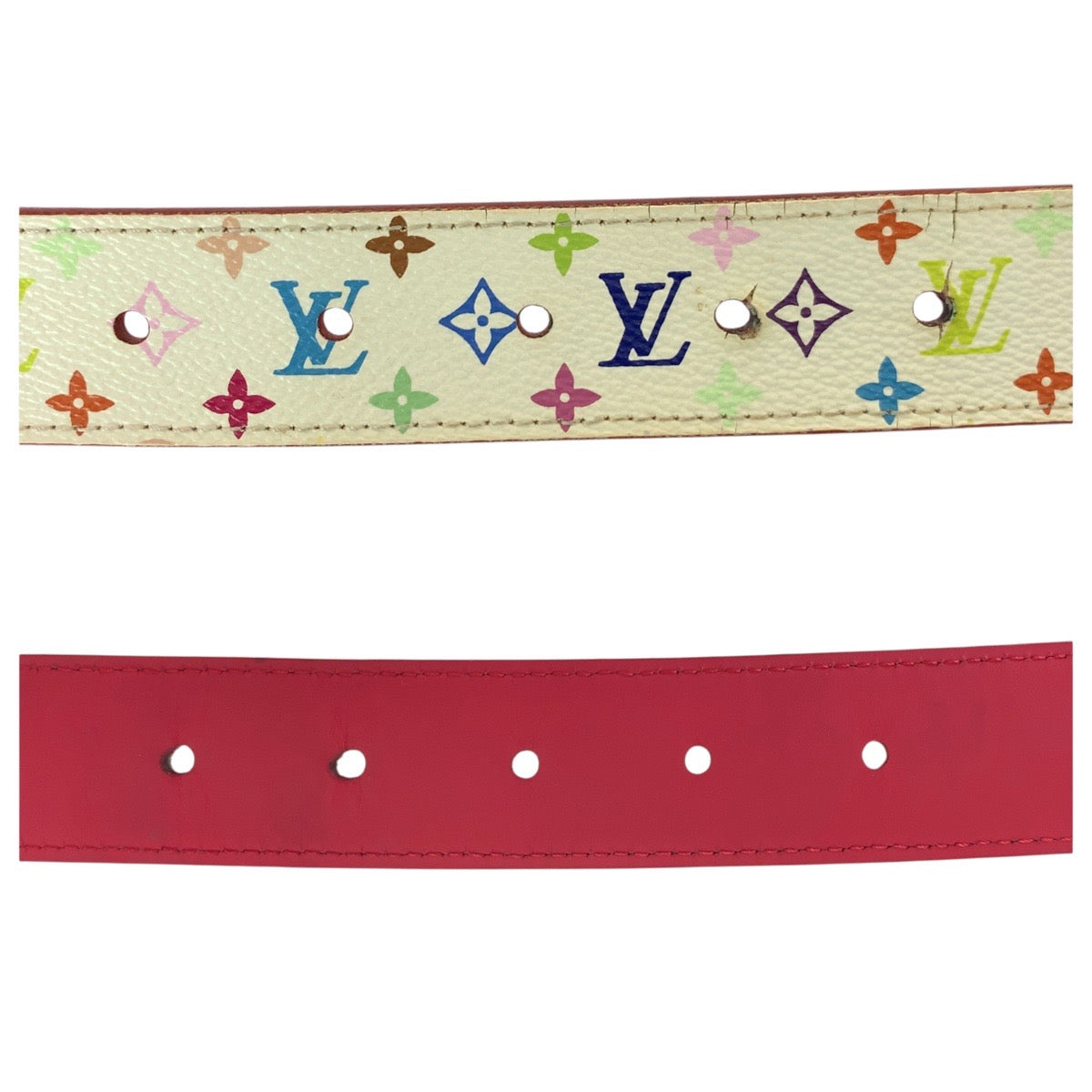 21028
LOUIS VUITTON ルイヴィトン モノグラム マルチカラー サンチュール キャレ LVカット 75cm/30インチ ホワイト レッド ゴールド金具 レザー M9682 ベルト 男女兼用 レディース AB22