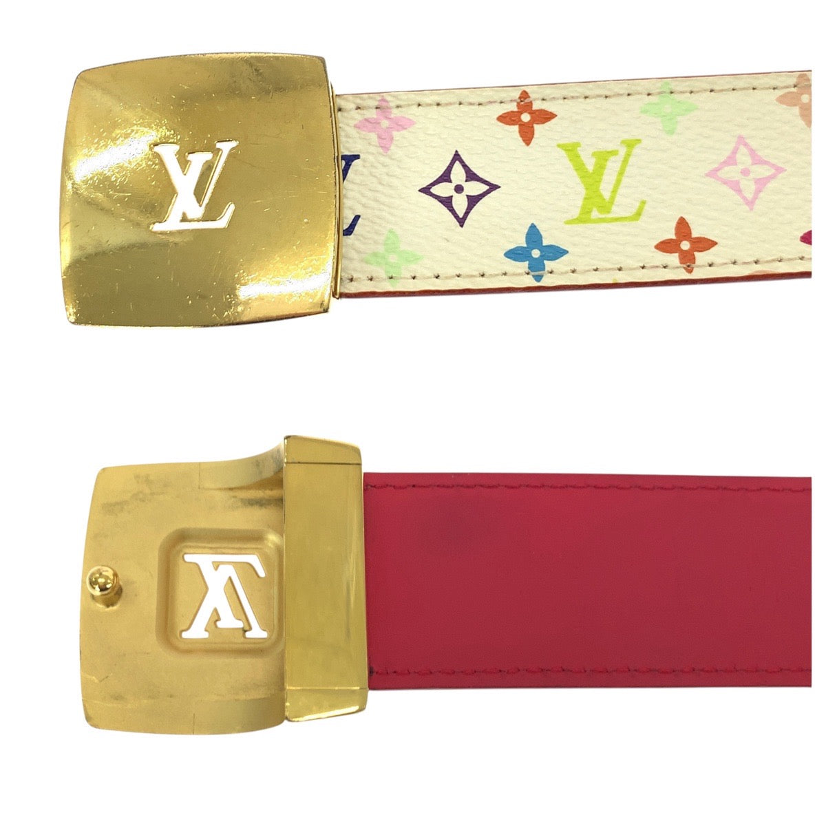 21028
LOUIS VUITTON ルイヴィトン モノグラム マルチカラー サンチュール キャレ LVカット 75cm/30インチ ホワイト レッド ゴールド金具 レザー M9682 ベルト 男女兼用 レディース AB22