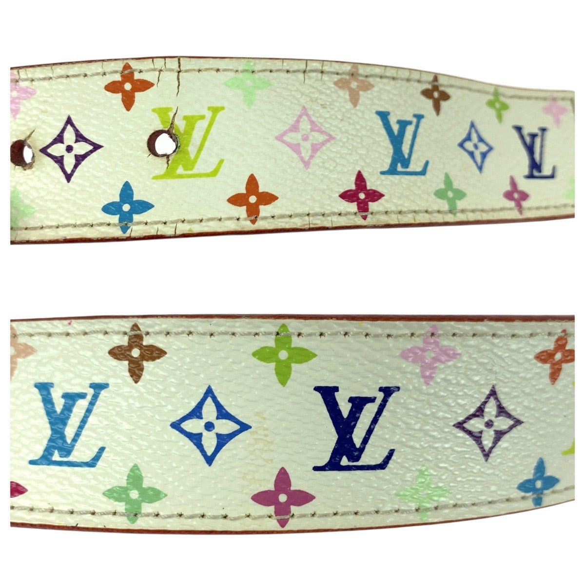 21028
LOUIS VUITTON ルイヴィトン モノグラム マルチカラー サンチュール キャレ LVカット 75cm/30インチ ホワイト レッド ゴールド金具 レザー M9682 ベルト 男女兼用 レディース AB22