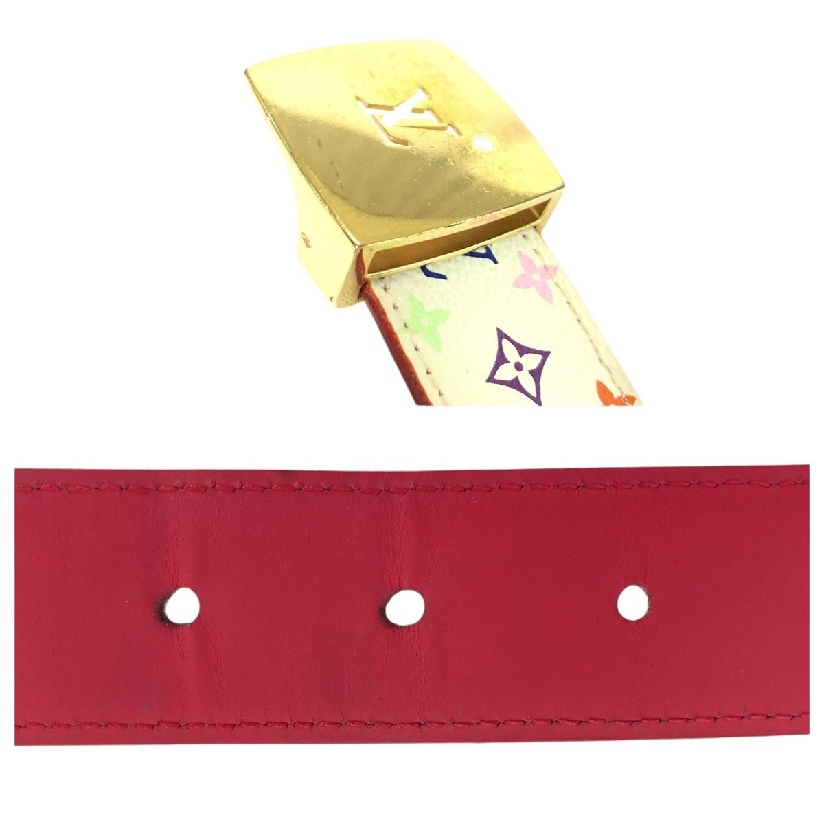 21028
LOUIS VUITTON ルイヴィトン モノグラム マルチカラー サンチュール キャレ LVカット 75cm/30インチ ホワイト レッド ゴールド金具 レザー M9682 ベルト 男女兼用 レディース AB22