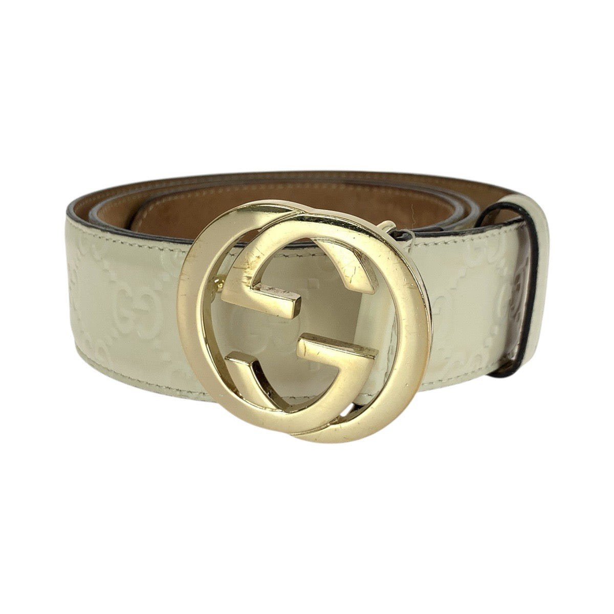 21029
GUCCI グッチ インターロッキング Gバックル 80cm/32インチ オフホワイト ゴールド金具 レザー 370543 ベルト 男女兼用 レディース ABP20