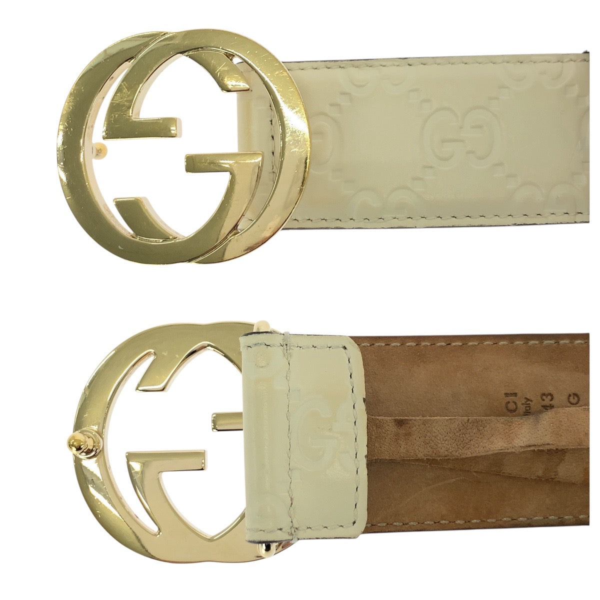 21029
GUCCI グッチ インターロッキング Gバックル 80cm/32インチ オフホワイト ゴールド金具 レザー 370543 ベルト 男女兼用 レディース ABP20