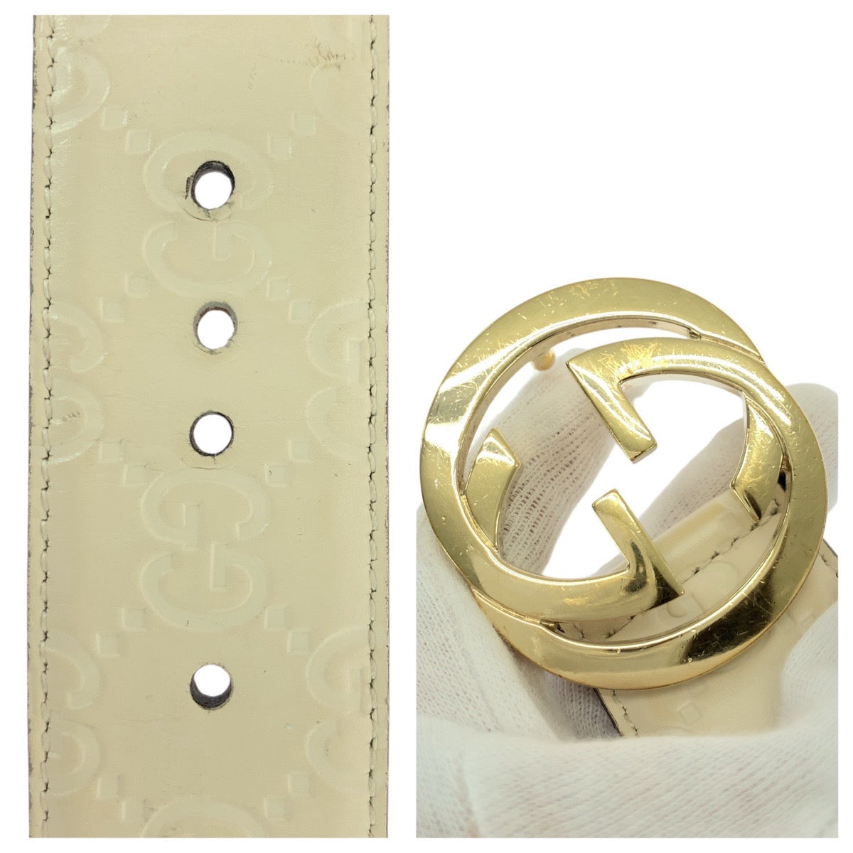 21029
GUCCI グッチ インターロッキング Gバックル 80cm/32インチ オフホワイト ゴールド金具 レザー 370543 ベルト 男女兼用 レディース ABP20