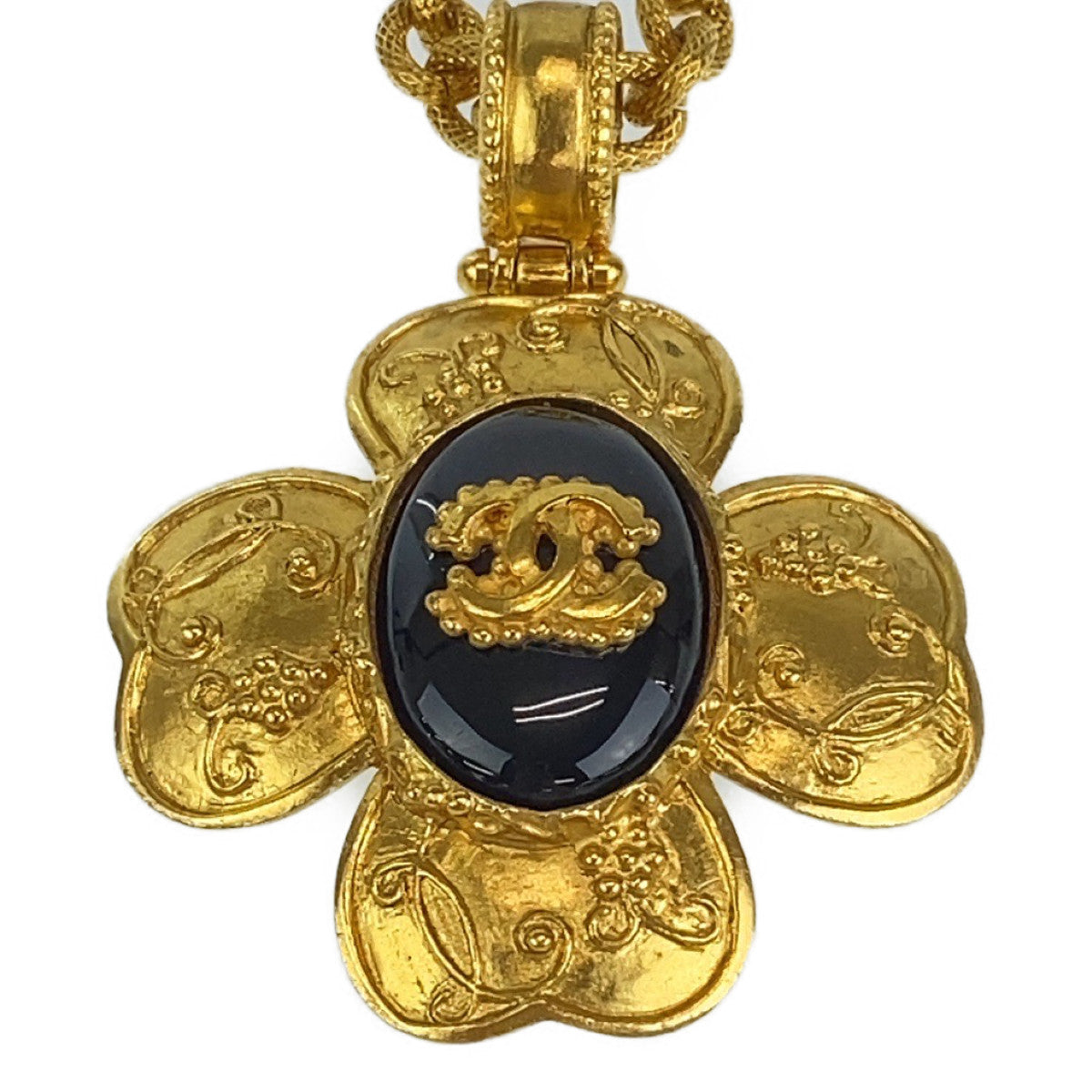 21046
CHANEL シャネル ヴィンテージ グリポア 天然石 ココマーク フラワー ゴールド ブラック メッキ ネックレス ペンダント レディース A