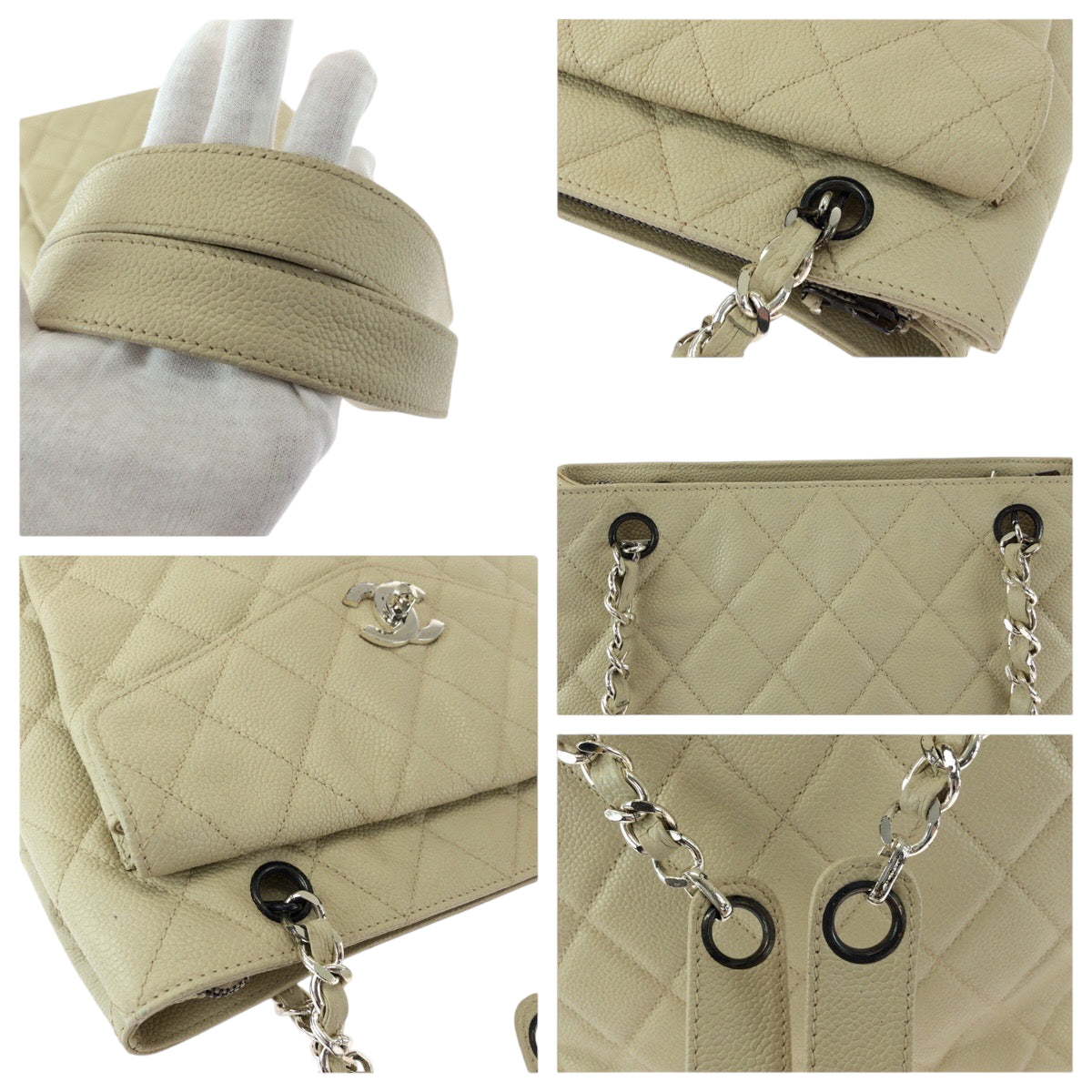 21049
CHANEL シャネル ヴィンテージ マトラッセ ココマーク ターンロック アイボリー シルバー金具 キャビアスキン チェーンショルダーバッグ レディース AB