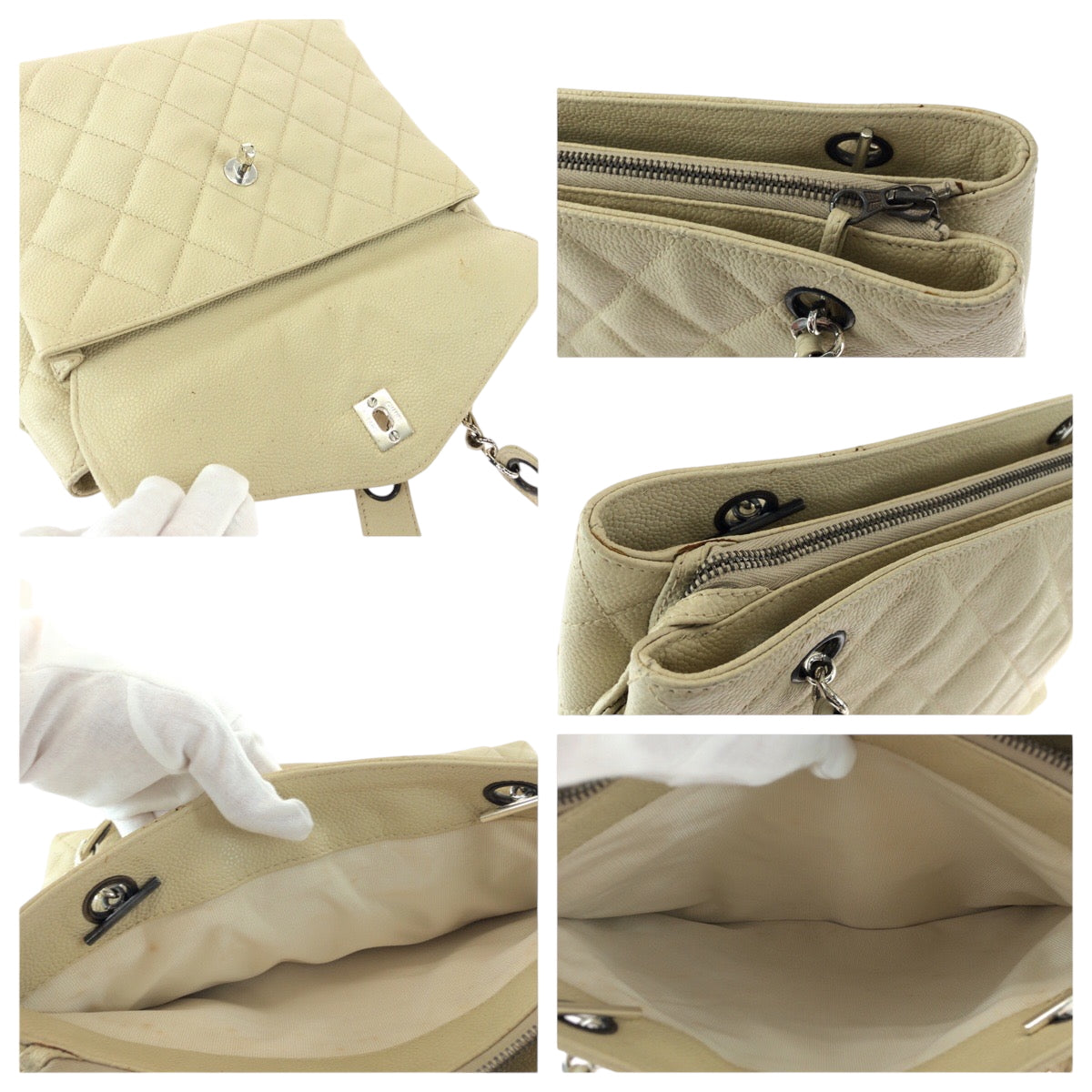 21049
CHANEL シャネル ヴィンテージ マトラッセ ココマーク ターンロック アイボリー シルバー金具 キャビアスキン チェーンショルダーバッグ レディース AB