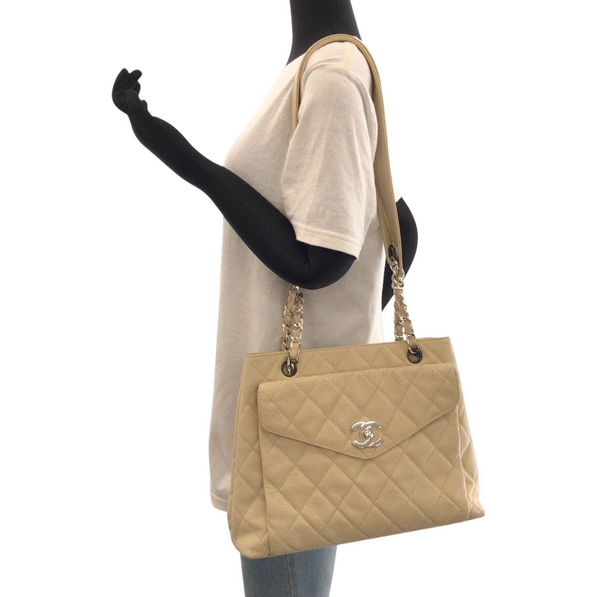 21049
CHANEL シャネル ヴィンテージ マトラッセ ココマーク ターンロック アイボリー シルバー金具 キャビアスキン チェーンショルダーバッグ レディース AB