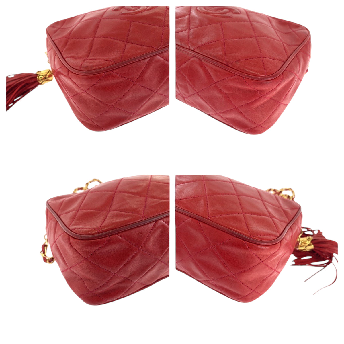 21051
CHANEL シャネル ヴィンテージ マトラッセ ココマーク フリンジ タッセル レッド ゴールド金具 ラムスキン ショルダーバッグ 肩掛け レディース ABP