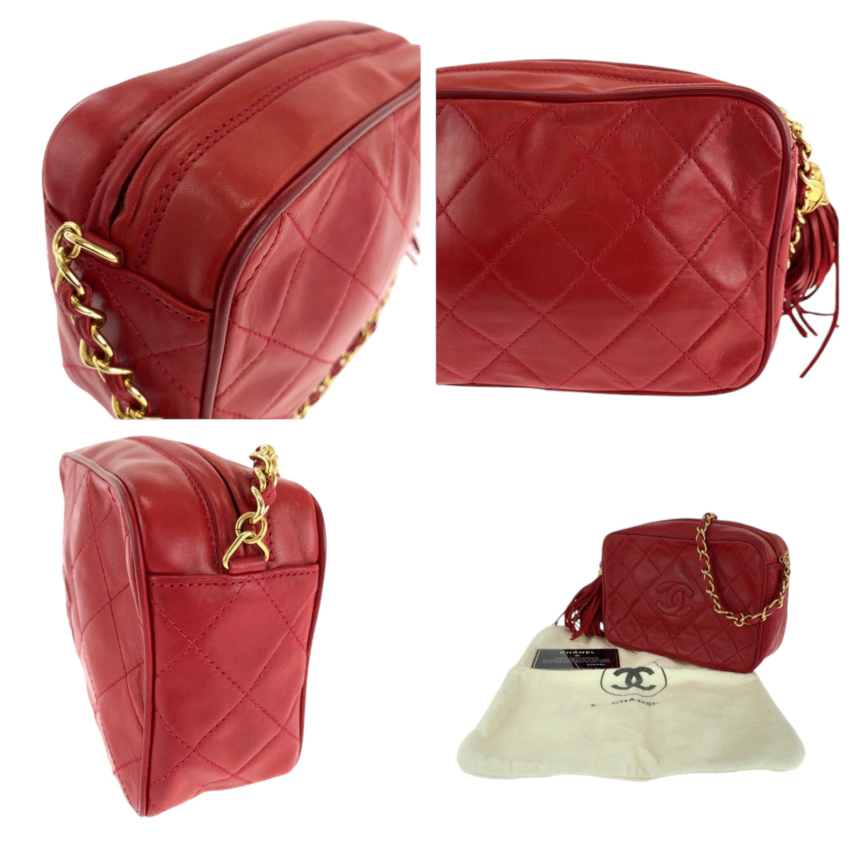 21051
CHANEL シャネル ヴィンテージ マトラッセ ココマーク フリンジ タッセル レッド ゴールド金具 ラムスキン ショルダーバッグ 肩掛け レディース ABP