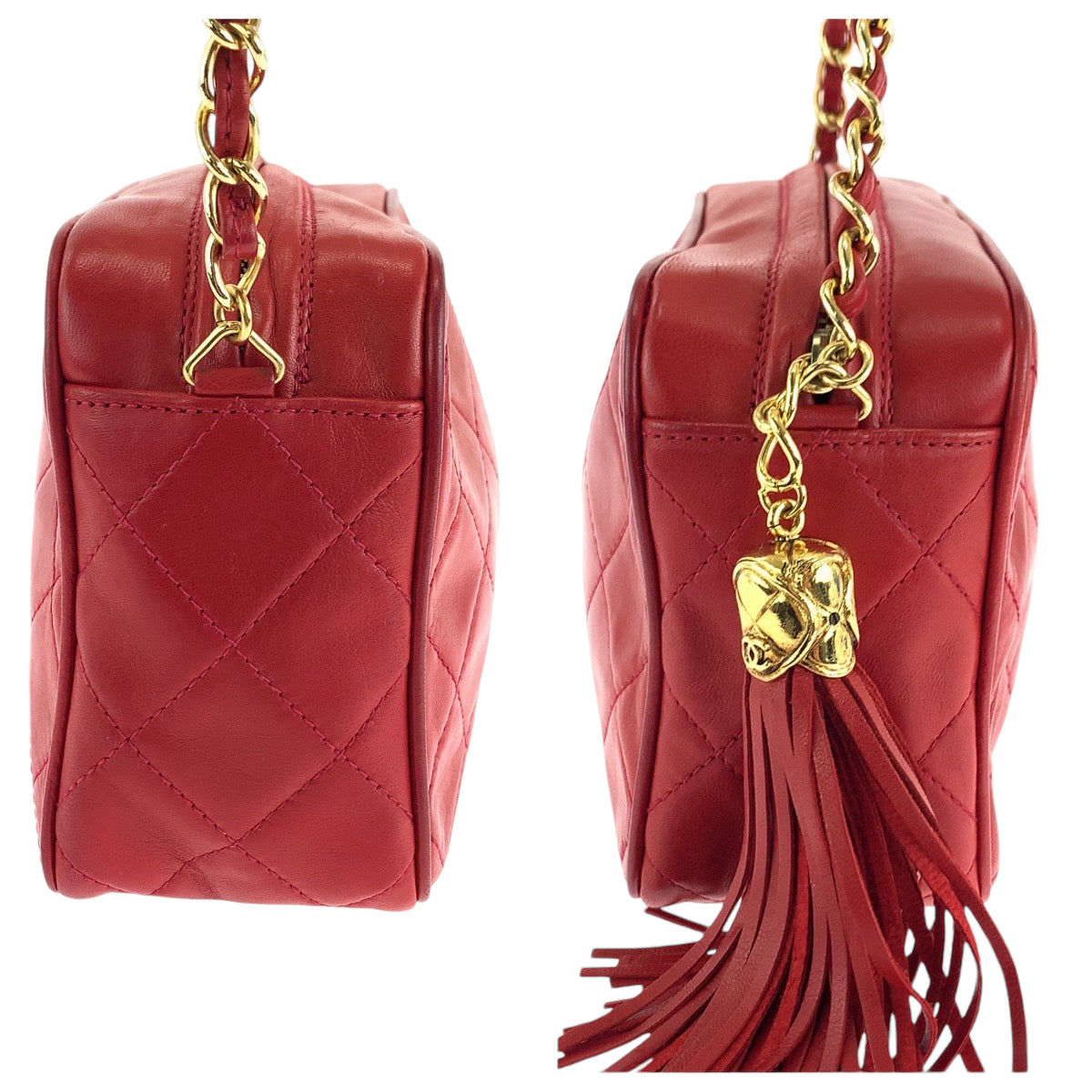 21051
CHANEL シャネル ヴィンテージ マトラッセ ココマーク フリンジ タッセル レッド ゴールド金具 ラムスキン ショルダーバッグ 肩掛け レディース ABP