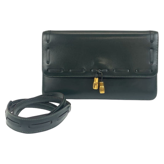 21053
HERMES エルメス ヴィンテージ タッセル グリーン ゴールド金具 ボックスカーフ ショルダーバッグ クラッチバッグ 2WAY O刻印 レディース AB